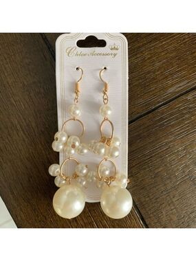 New Long Gold Faux Pearl Bauble Earrings